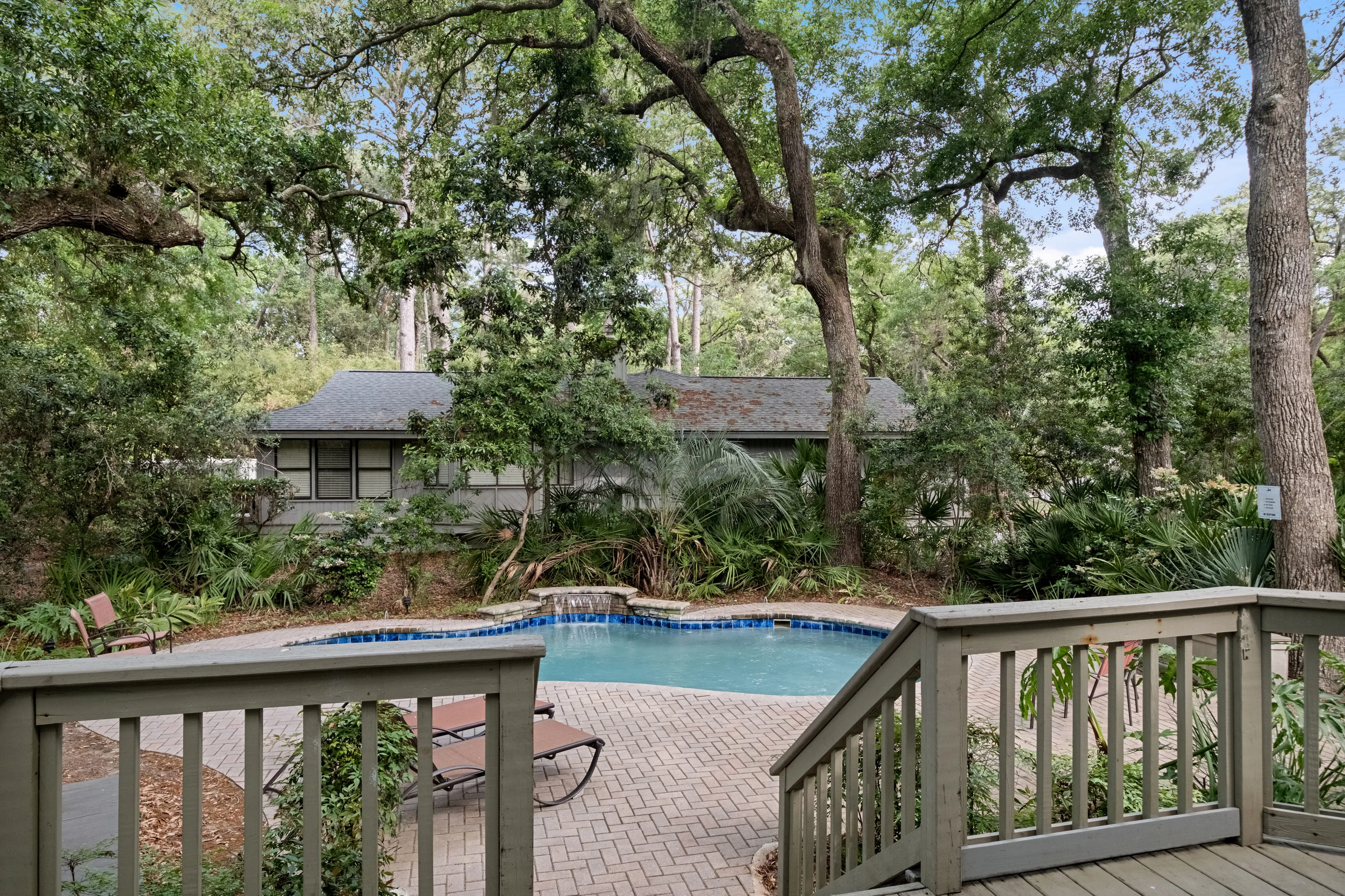 Heated pool framed by mature oaks behind the house